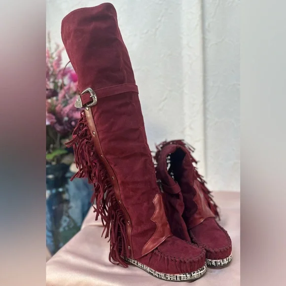 Bohemian Fringe Knee-High Moccasin Boots - Wine (6)‼️NWOB‼️ - Picture 4 of 15